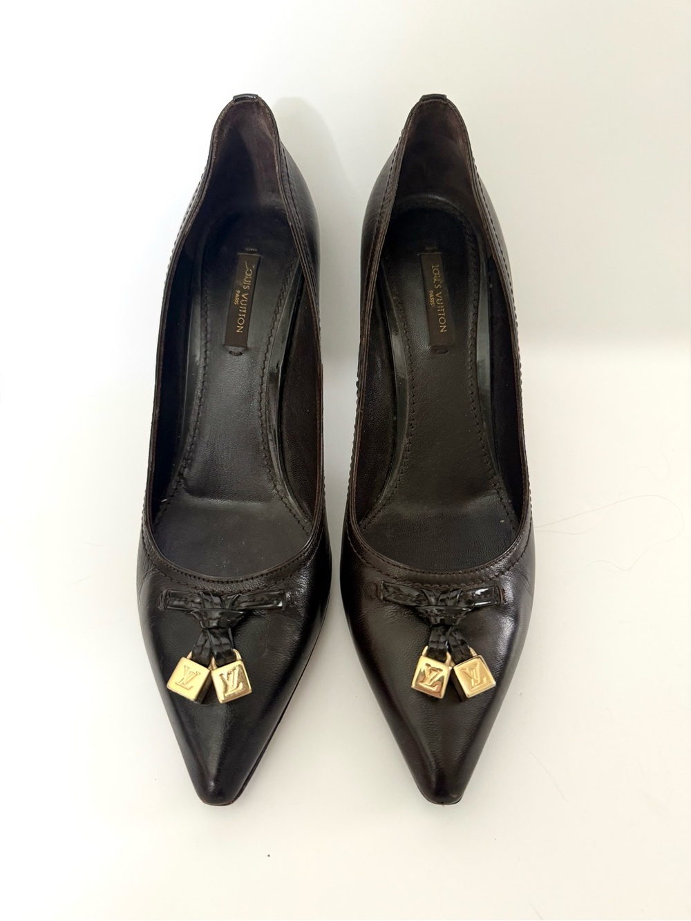 Louis Vuitton Dice Pumps Leather Brown Pointed Toe Heels Size 38.5